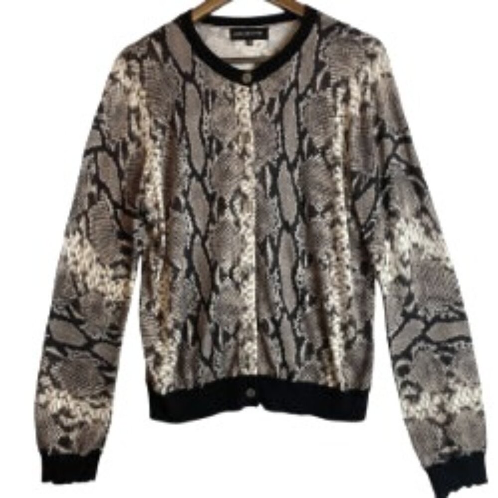 JONES NEW YORK WOMENS COTTTON BLEND CARDIGAN BLACK GRAY WHITE SNAKESKIN SIZE XL